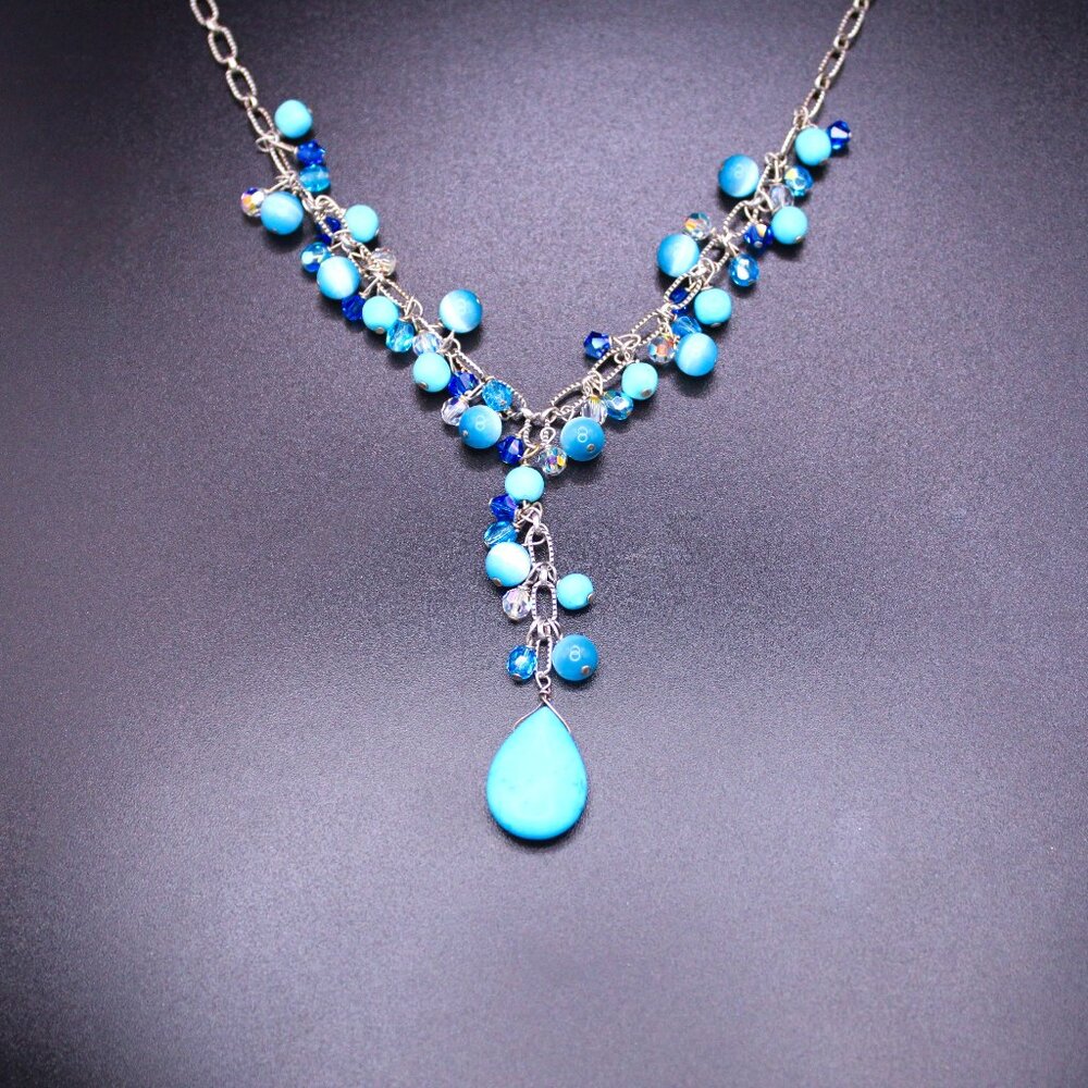 925 Sterling Silver Blue Stone Cats Eye Crystal Y Drop Southwest Necklace Chain